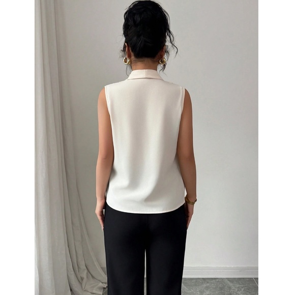 Draped Sleeveless Surplice V-Neck Blouse Top Beige - Picture 5 of 7